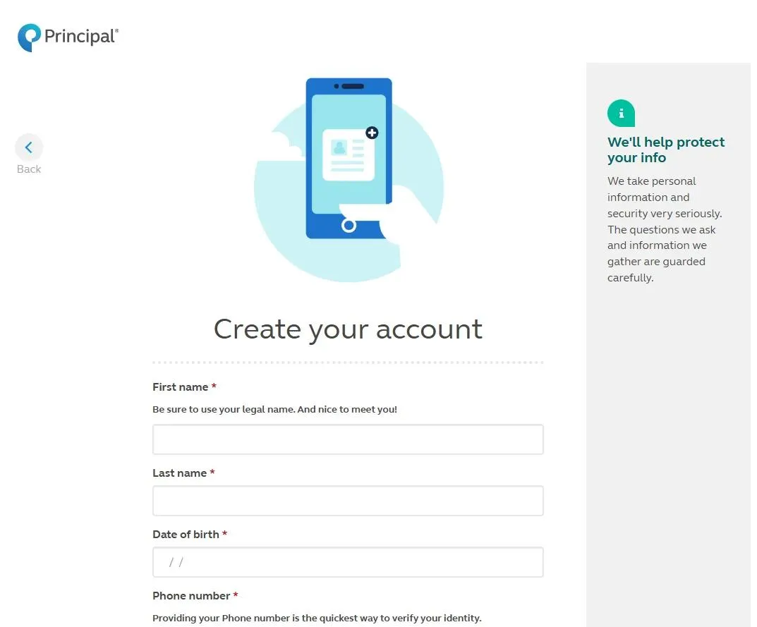 Account setup screen as part of the principal.com/welcome experience.