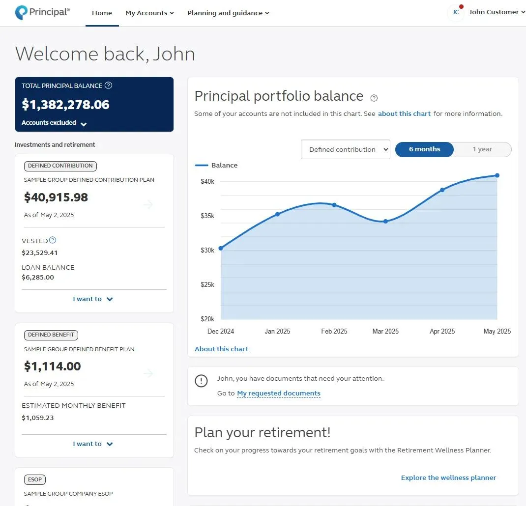 Consolidated dashboard view a participant sees when they log in to their account on principal.com
